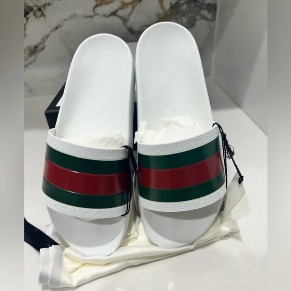 Gucci White Pursuit Web Accent Red Green Slides New - Picture 8 of 11